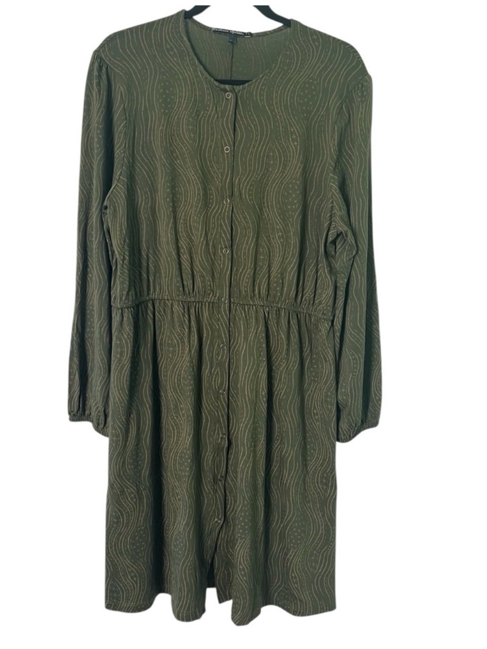 Gudrun Sjoden Green Print Snap Front Elastic Waist Dress Size Large